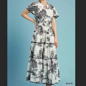 Style USA Black and White City Print Tiered Maxi Short Sleeve Dress Size Small
